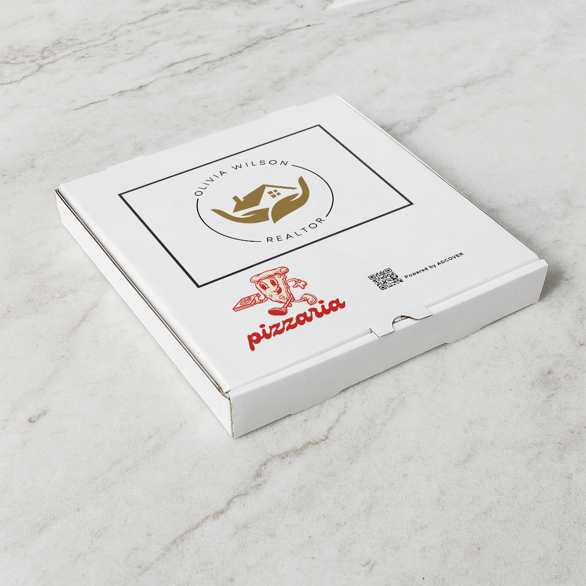 8" x 8" x 2" Co-Branded White Pizza Boxes for Pizzerias – Bulk Pack of 50 | AdCover, Printed in Canada